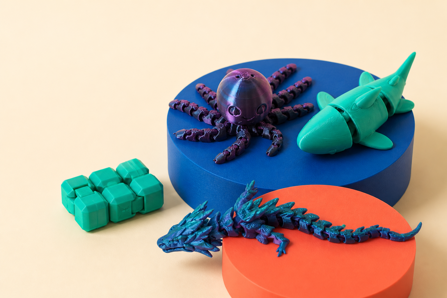 WiggleForge Infinity Cube, Wiggle Shark, Orbit Octopus and Mystic Dragon fidgets